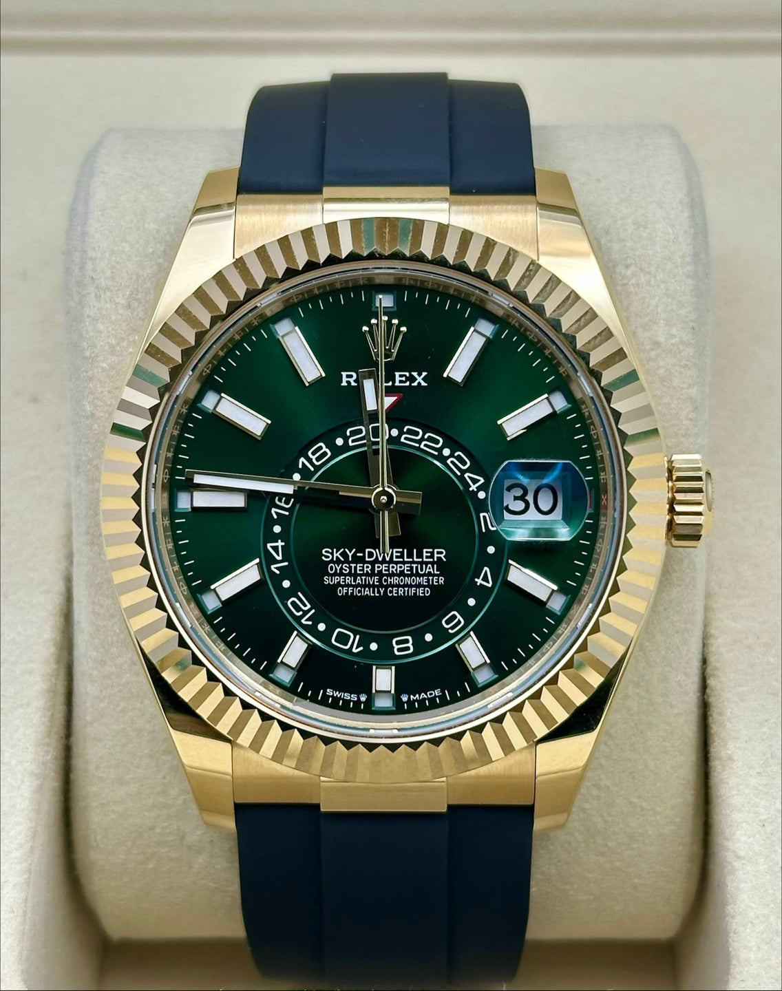 Rolex Sky-Dweller Yellow Gold 42mm Bright Green Dial Fluted Bezel Oysterflex Bracelet - 336238 - 2025