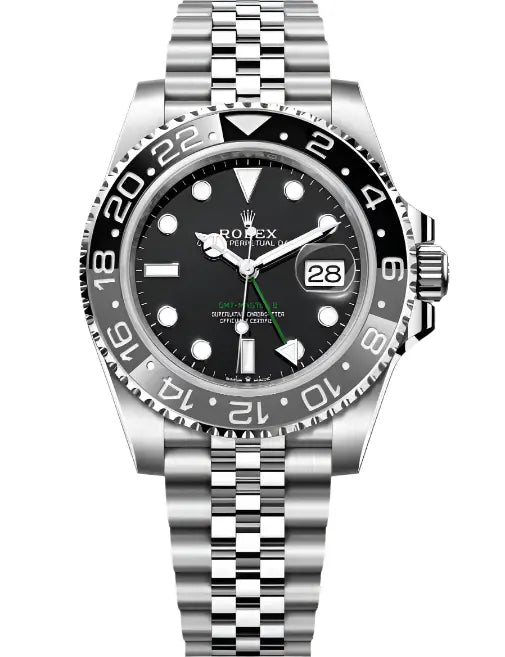 Rolex Steel GMT-Master II 40  - Black And Grey Bruce Wayne Bezel - Black Dial - Jubilee Bracelet - 126710GRNR