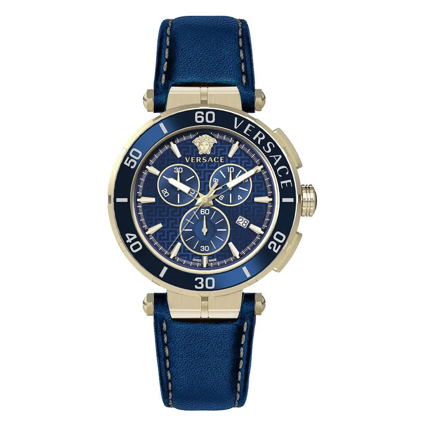 Versace Men's Watch 45mm Greca Chronograph Blue Gold