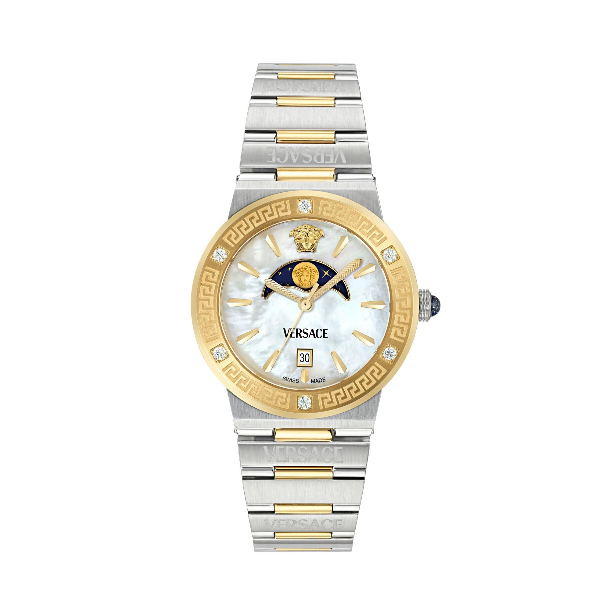 Versace Greca Logo Ladies' White Two-Tone Moonphase Quartz Watch
