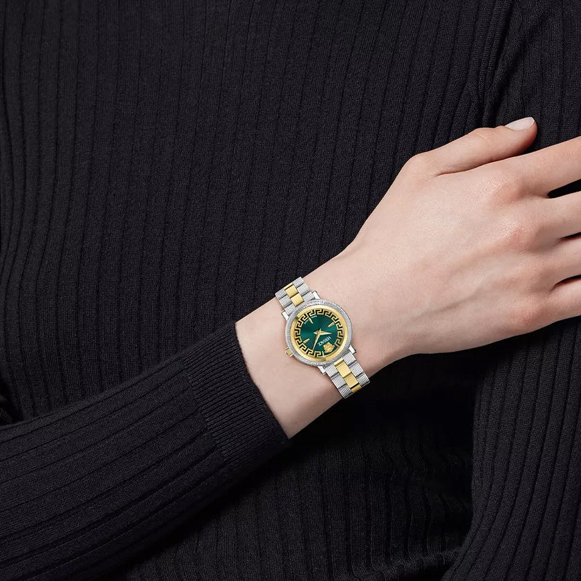 Versace Greca Flourish 28mm Green Ladies’ Watch Two-Tone Bracelet