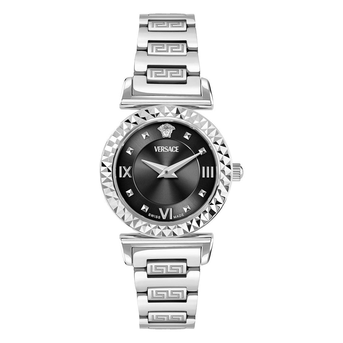 Versace Mini Vanity Ladies Watch 27mm Black Dial Steel Bracelet