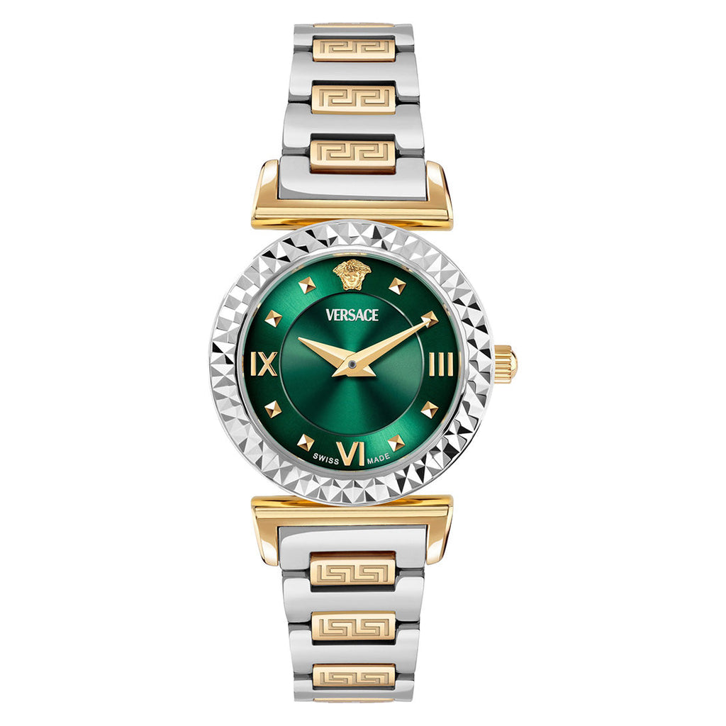 Versace Mini Vanity Ladies Watch 27mm Green Dial Two Tone Bracelet
