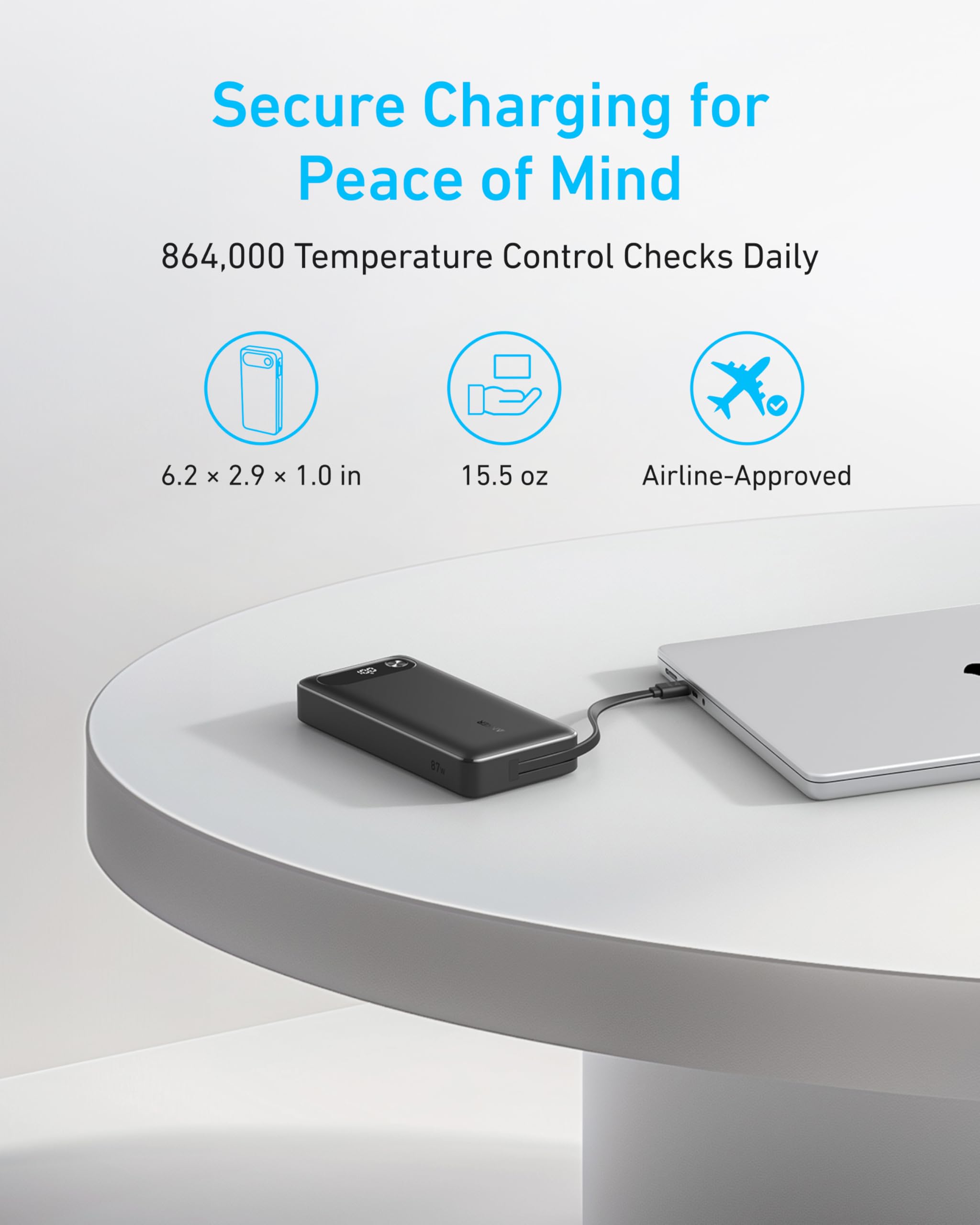 Anker Power Bank (20K, 87W, Built-In USB-C Cable) | Customizable