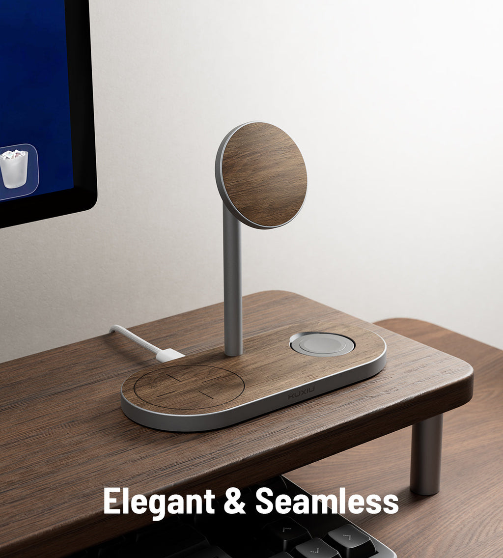 KUXIU X23 Pro 4-in-1 MagSafe Dual-Core Fast Charging Stand  - Wood Grain
