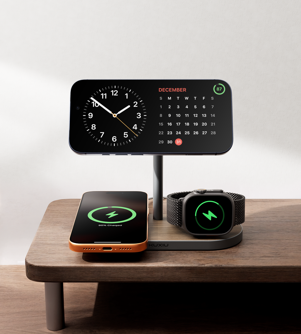 KUXIU X23 Pro 4-in-1 MagSafe Dual-Core Fast Charging Stand  - Wood Grain