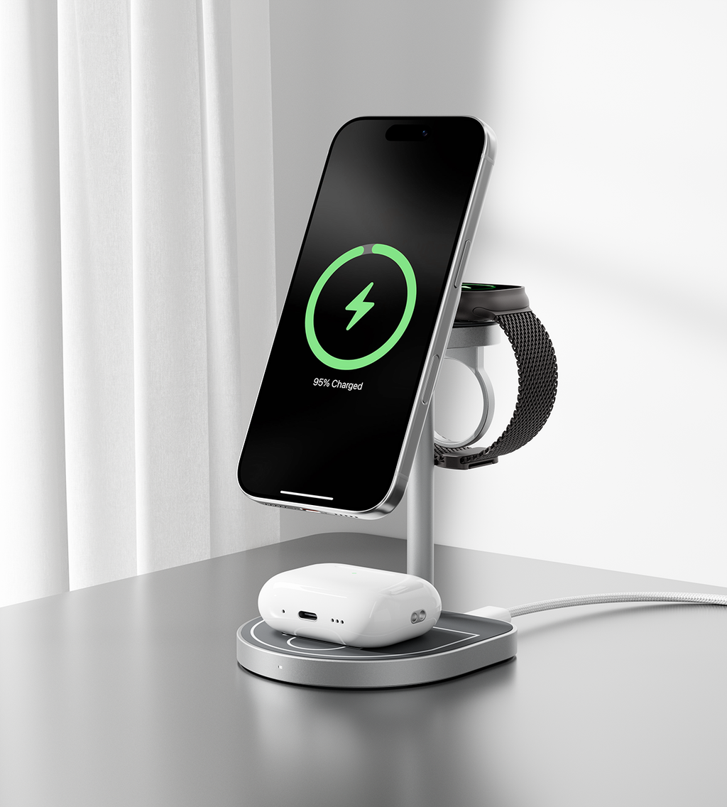 KUXIU 3-Point Power Creative 3-in-1 MagSafe Charging Stand - Gray