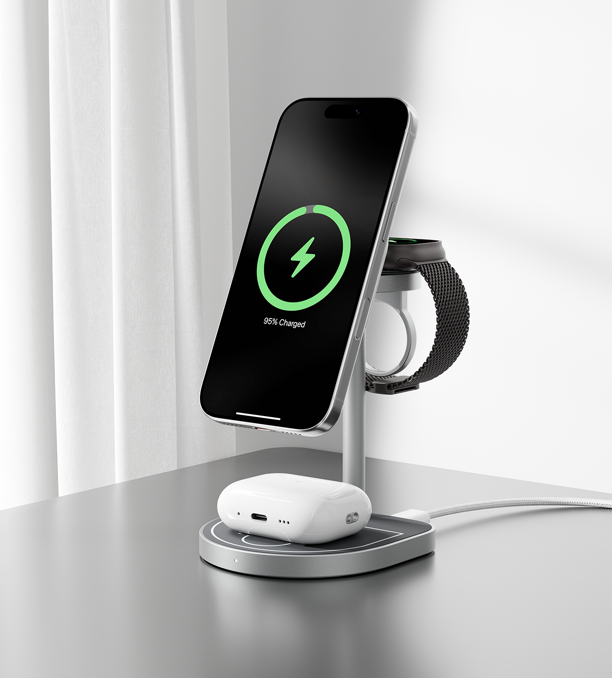 KUXIU 3-Point Power Creative 3-in-1 MagSafe Charging Stand - Gray