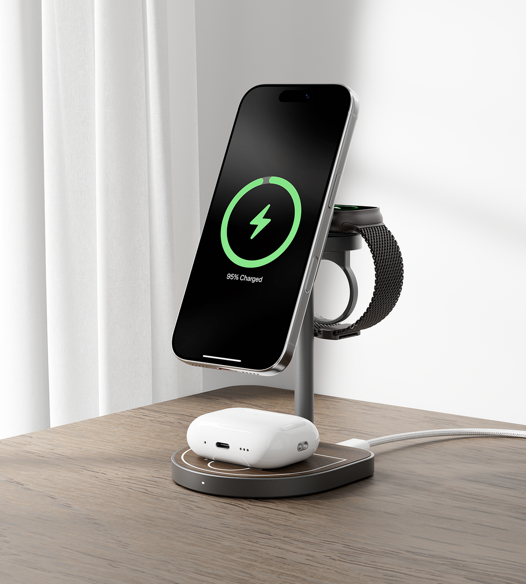 KUXIU Qi2 3-Point Power Creative 3-in-1 MagSafe Charging Stand - Wood Grain