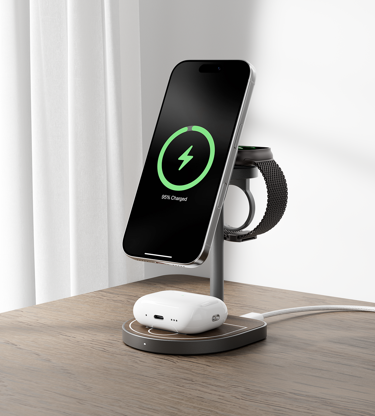 KUXIU Qi2 3-Point Power Creative 3-in-1 MagSafe Charging Stand - Wood Grain