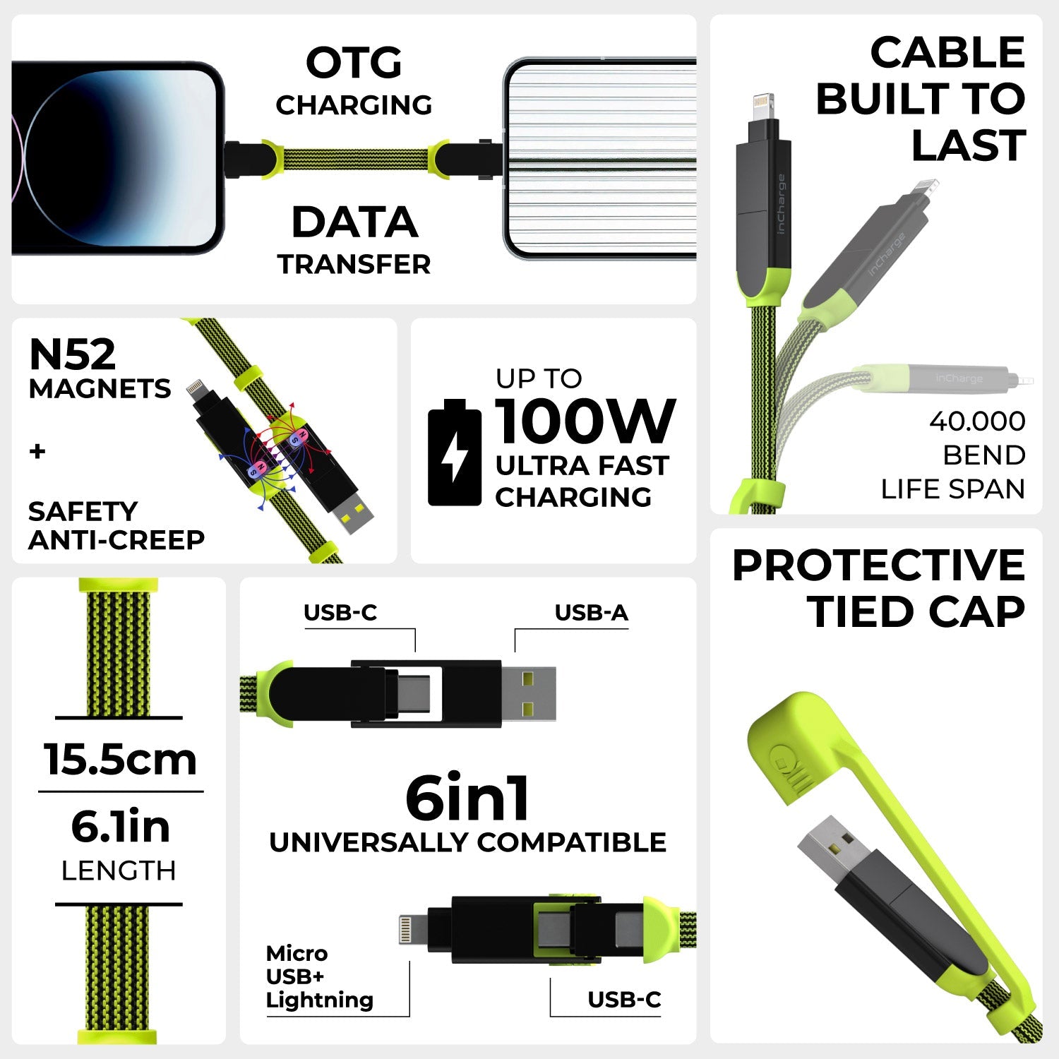 inCharge® XL Pocket - 100W, 6in1 keyring cable