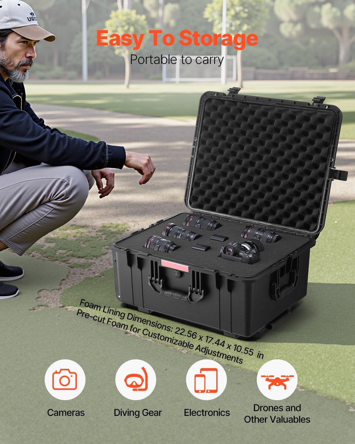Weatherproof Hard Case, Heavy Duty Protective Dry Box Case with Pre-Cut Foam, Wheels & Retractable Pull Handles for Travel, Hunt, Military, Tactical, IP67 Waterproof Case for Cameras(63x50x32)