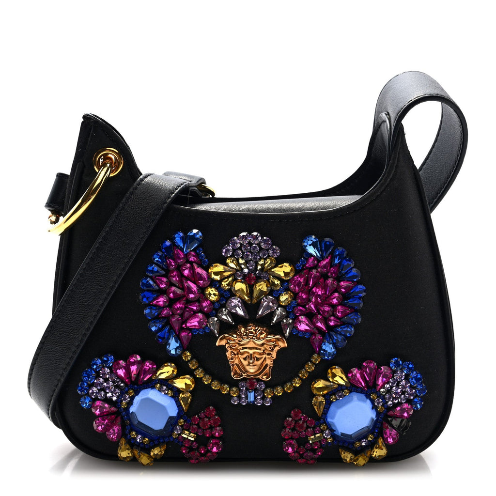 Satin Crystal Embellished La Medusa Mini Hobo Bag Black Multicolor