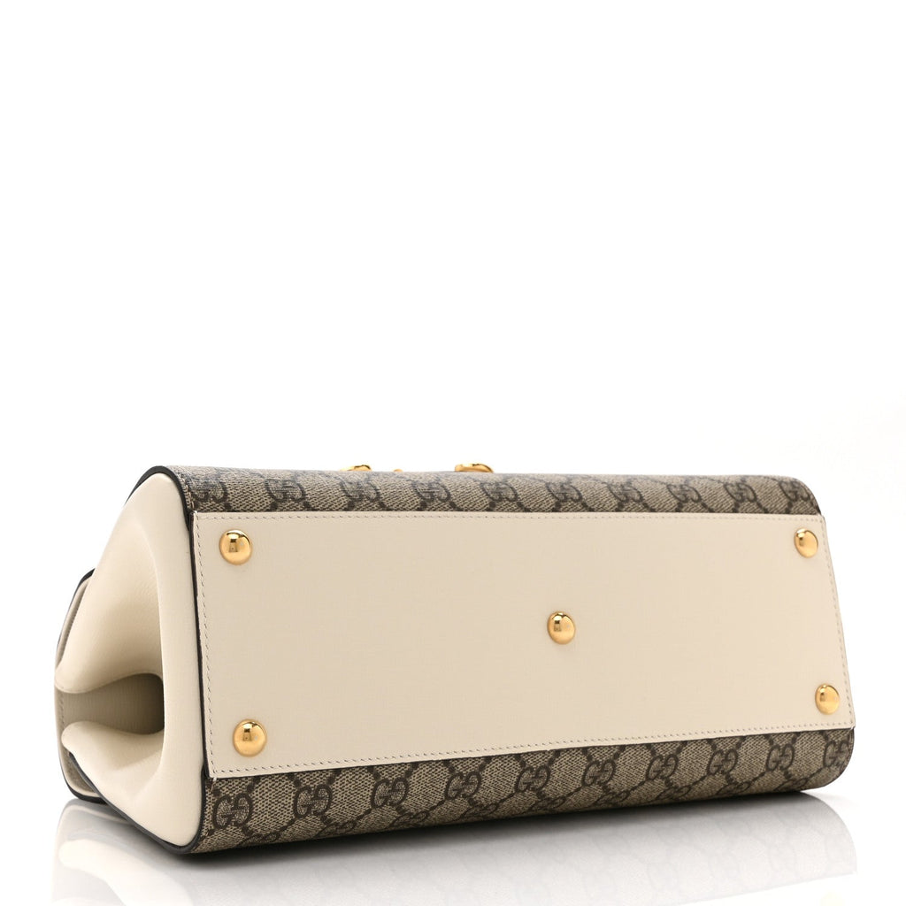 GG Supreme Monogram Calfskin Medium Horsebit 1955 Top Handle Bag Beige Ebony Mystic White