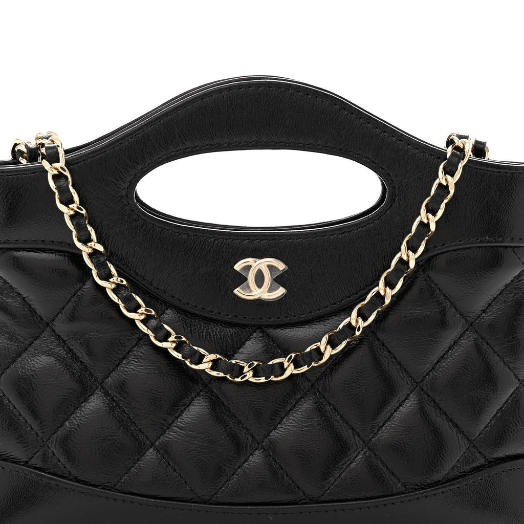 Shiny Crumpled Calfskin Quilted Nano 31 Shopping Bag Black
