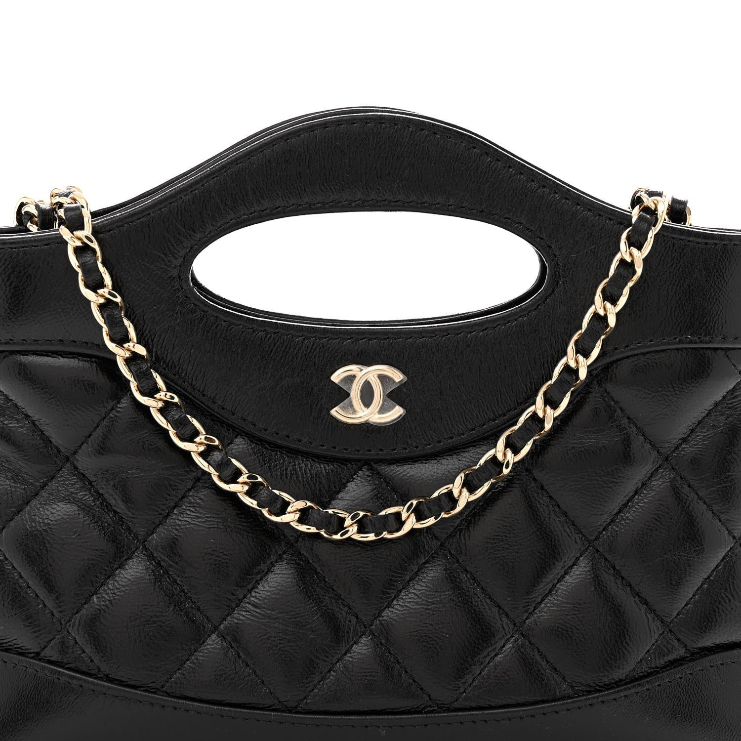 Shiny Crumpled Calfskin Quilted Nano 31 Shopping Bag Black