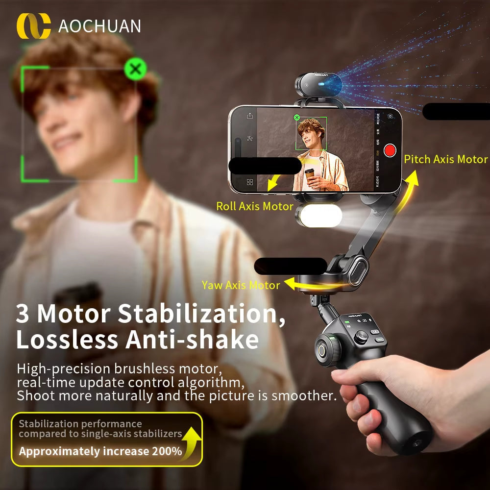 Smart V8 3-Axis Handheld Gimbal Stabilizer with Extension Rod and Tripod for Face Tracking - Compatible with iPhone, Android with Ai