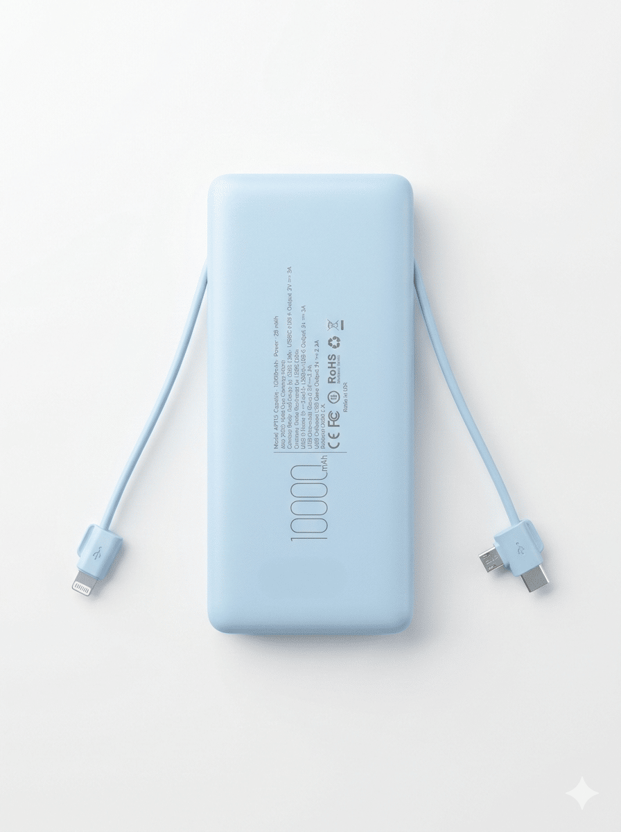 Any Charge 10K: All-in-One 10,000mAh Power Bank with Built-in Cables & Wall Plug