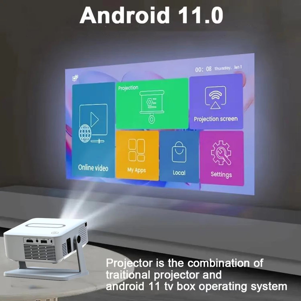 Android HD Digital Projector with Holder - Smart Outdoor Projector with HDMI, USB, and Wireless Connectivity for Home Cinema