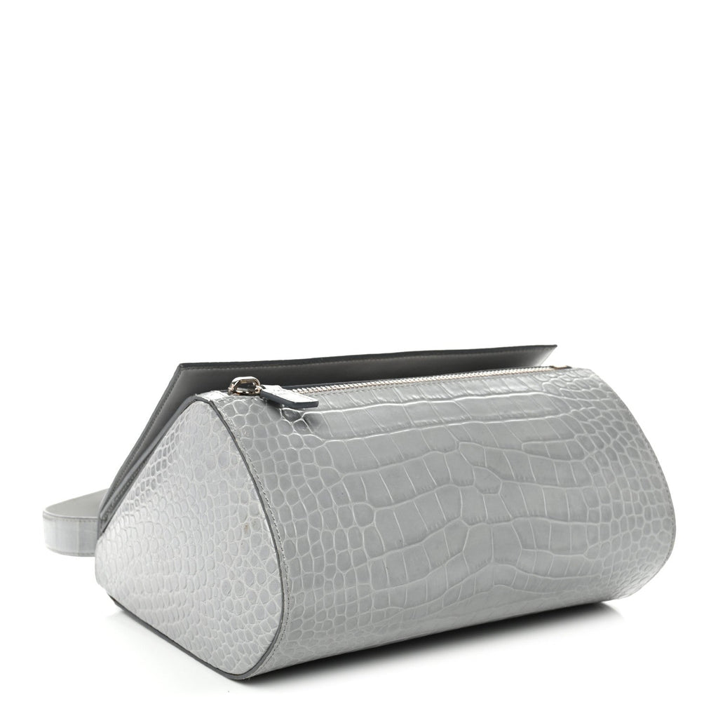 Calfskin Crocodile Embossed Medium Pandora Box Crossbody Bag Grey