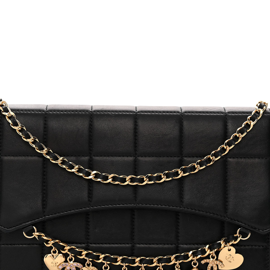 Lambskin Quilted Crystal Chocolate Bar Charm Flap Black