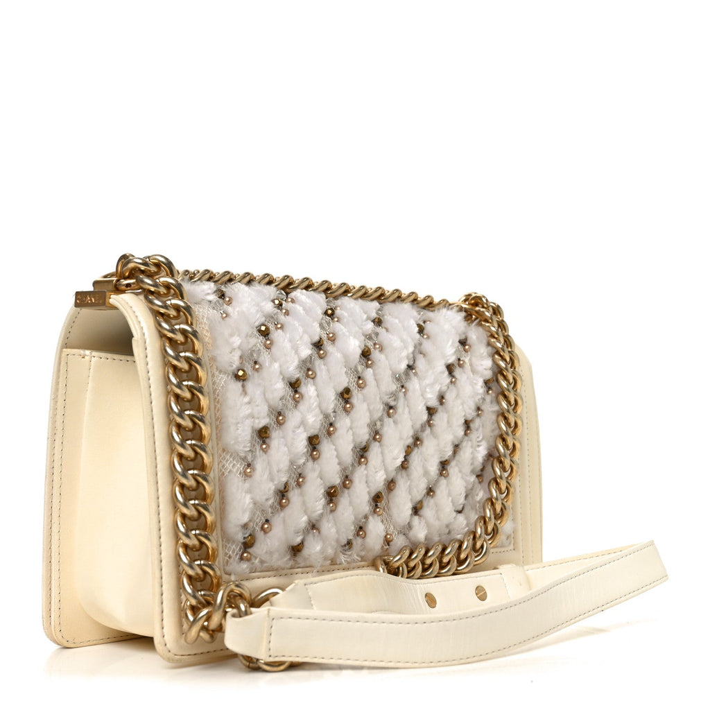 Lambskin Tulle Embroidered Medium Boy Flap White