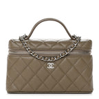 Caviar Quilted Top Handle Slim Vanity With Chain Dark Khaki