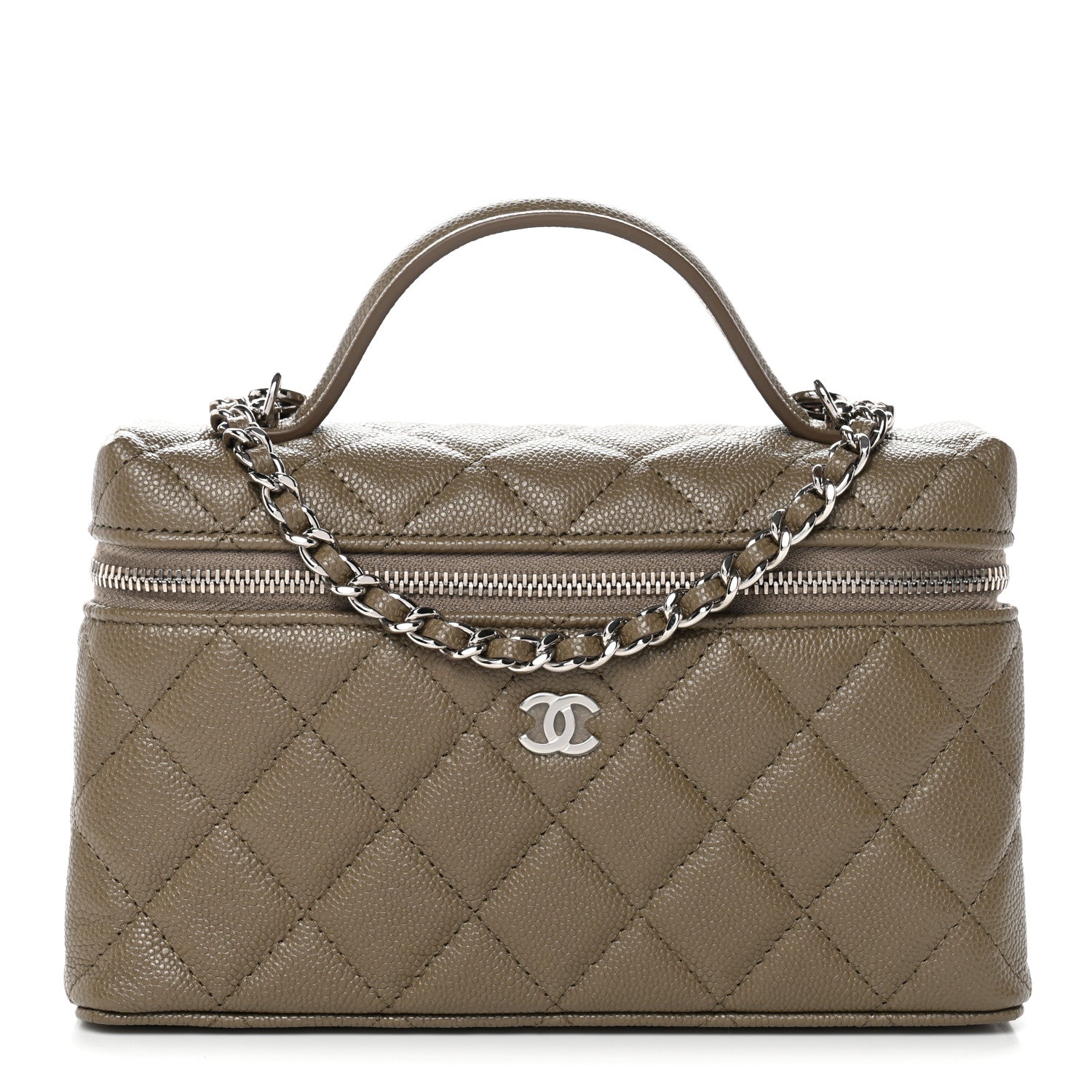 Caviar Quilted Top Handle Slim Vanity With Chain Dark Khaki