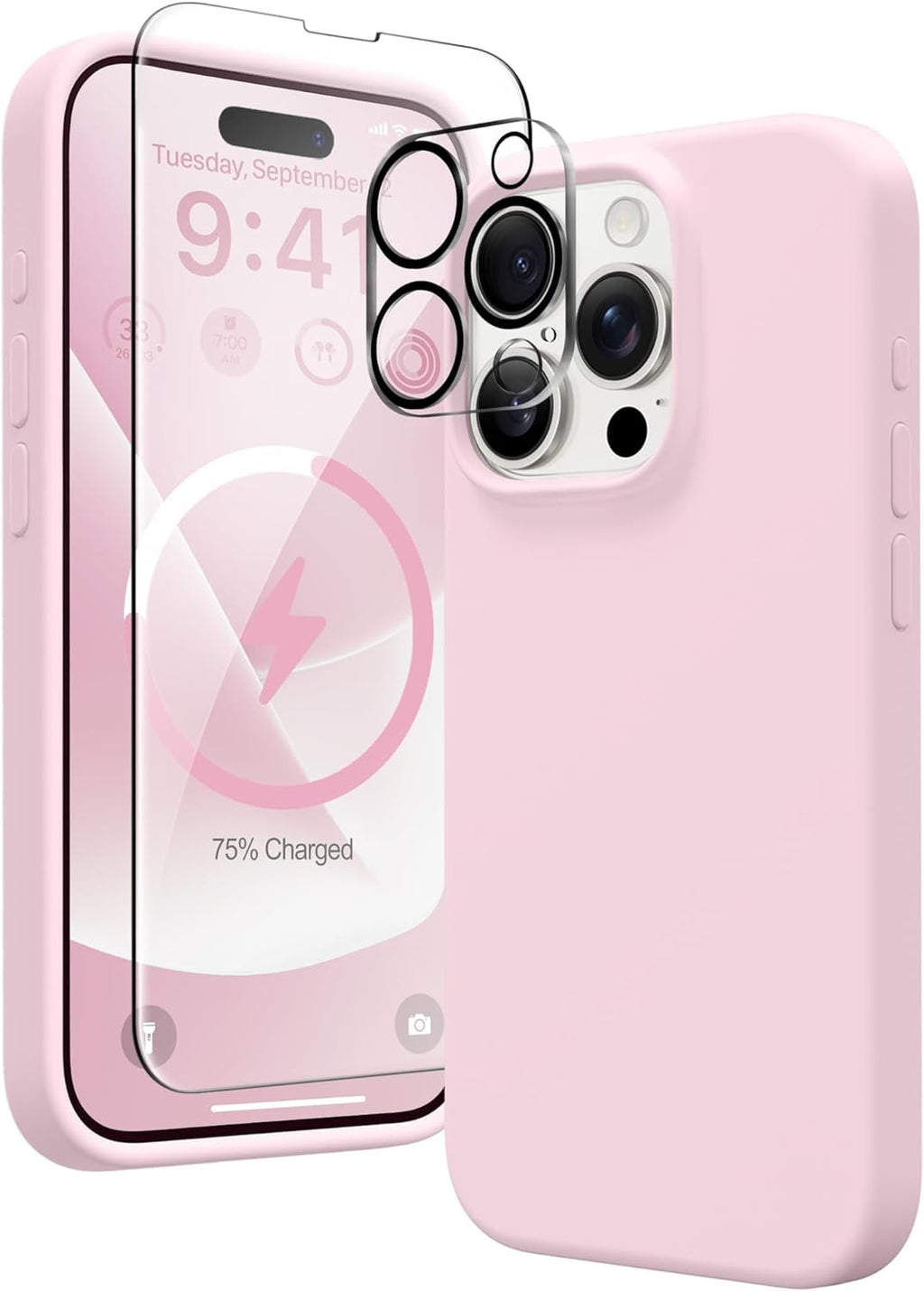 Entronix Bundle Compatible with iPhone 15 Pro - Liquid Silicone Case, 1 Clear Screen Protector & 1 Camera Lens Protector
