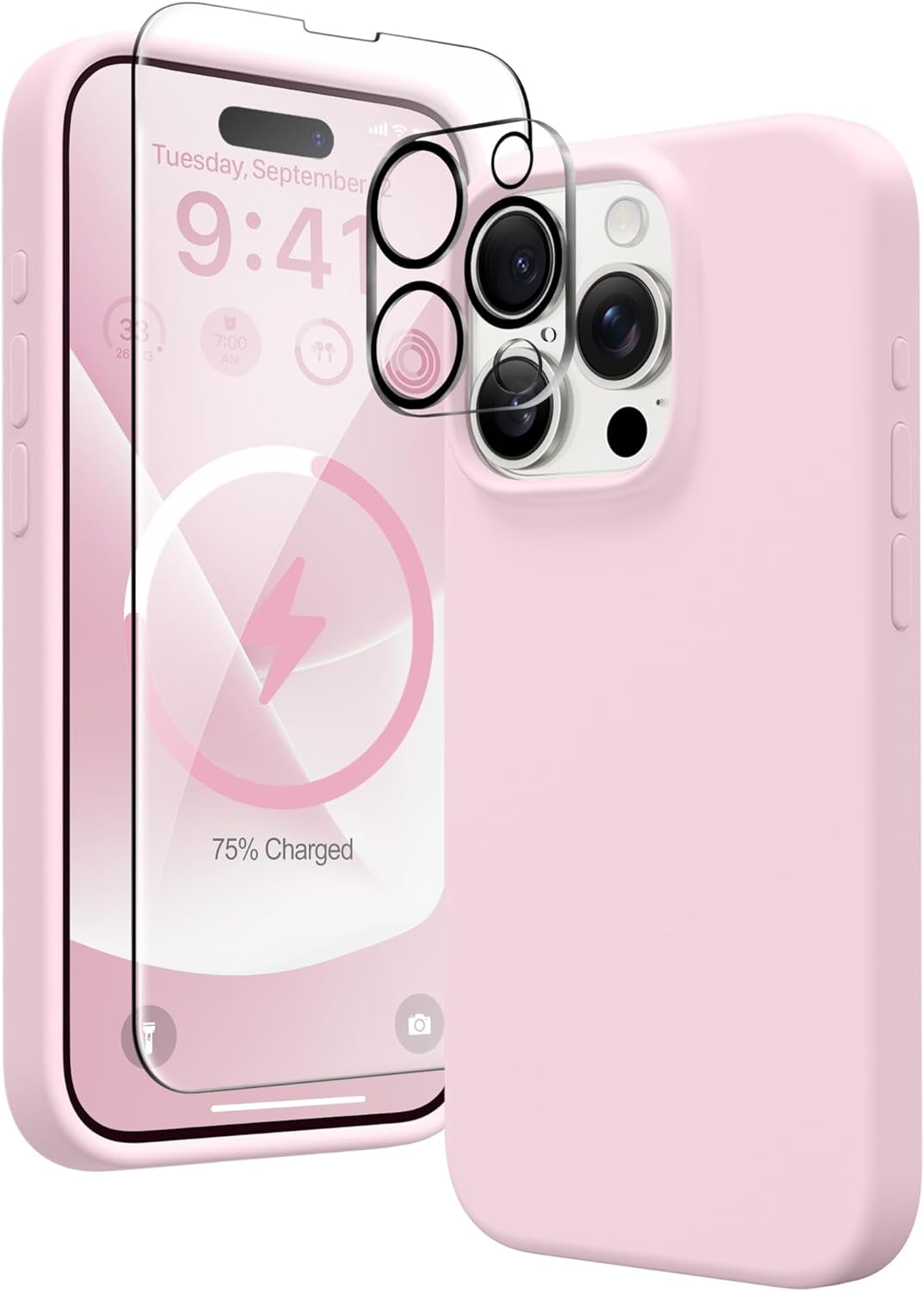 Entronix Bundle Compatible with iPhone 15 Pro - Liquid Silicone Case, 1 Clear Screen Protector & 1 Camera Lens Protector