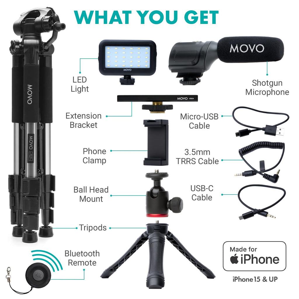 Movo USB-C Vlogging Kit for iPhone 15 and up with Fullsize Tripod