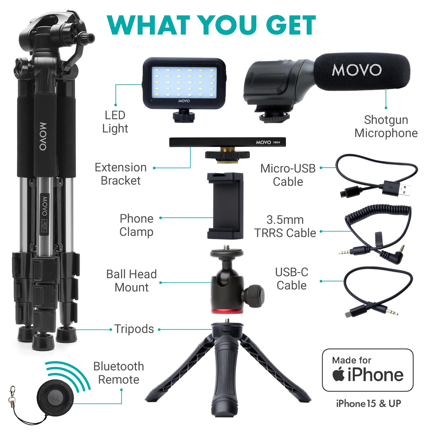 Movo USB-C Vlogging Kit for iPhone 15 and up with Fullsize Tripod