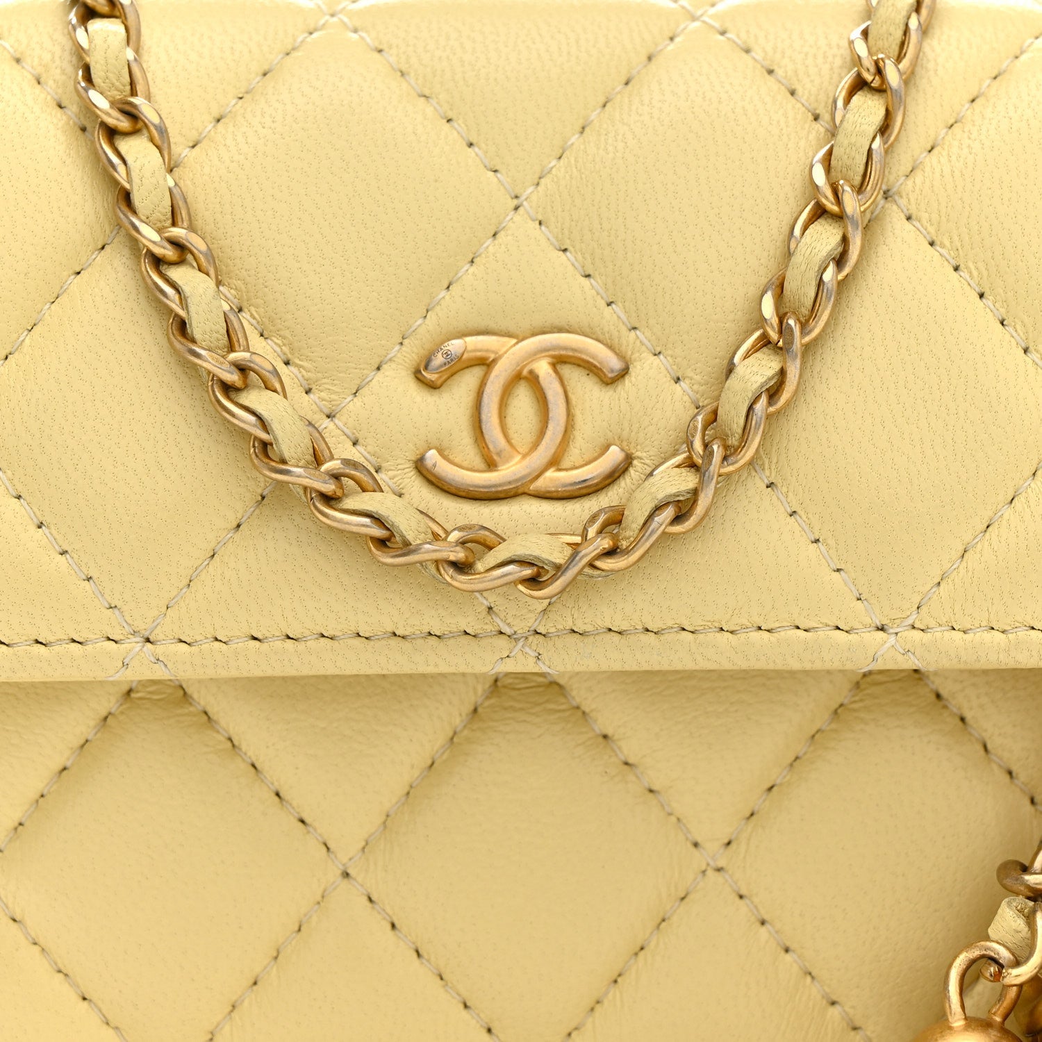 Lambskin Quilted Pearl Crush Clutch With Chain Yellow
