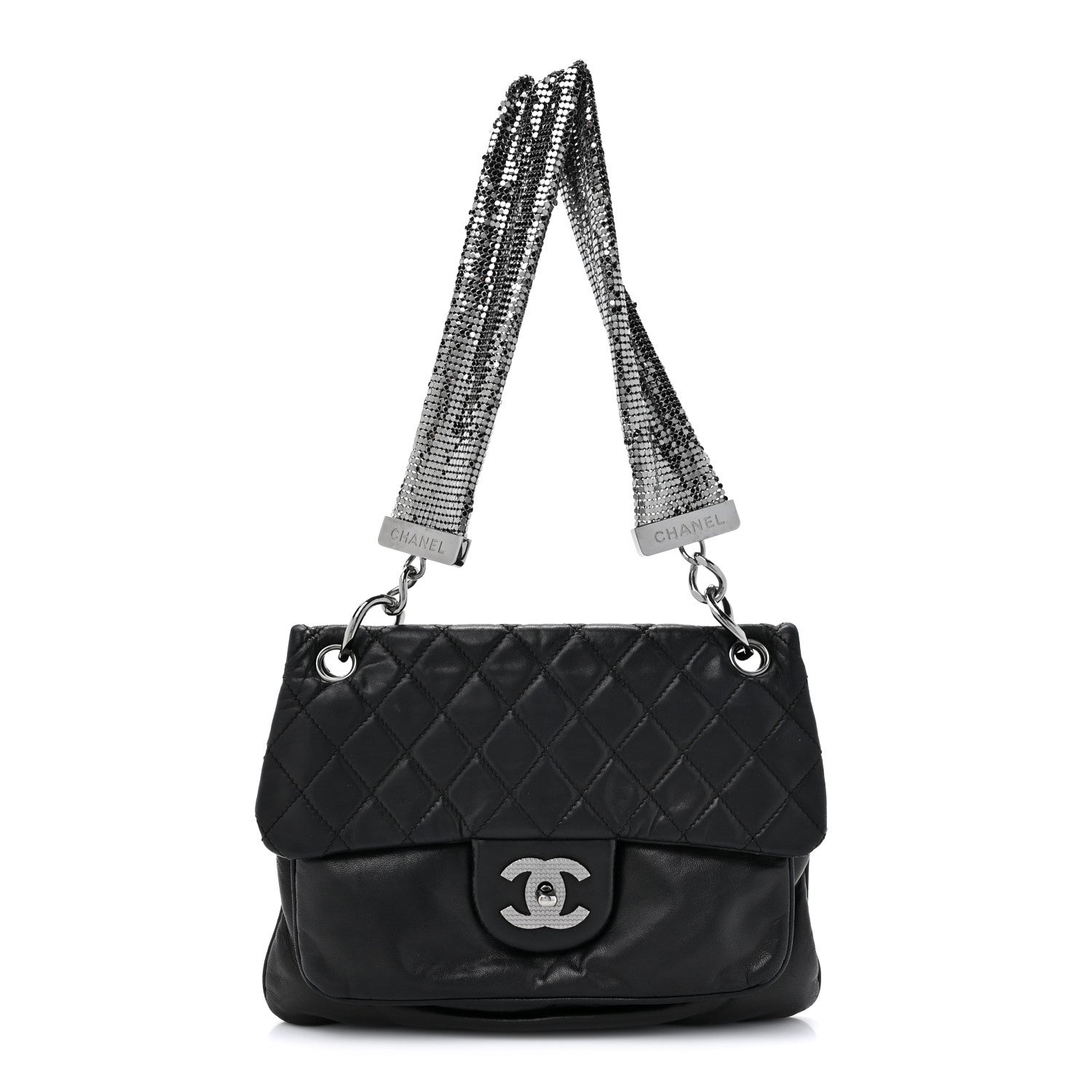 Lambskin Quilted Chain Mail Shoulder Bag Black