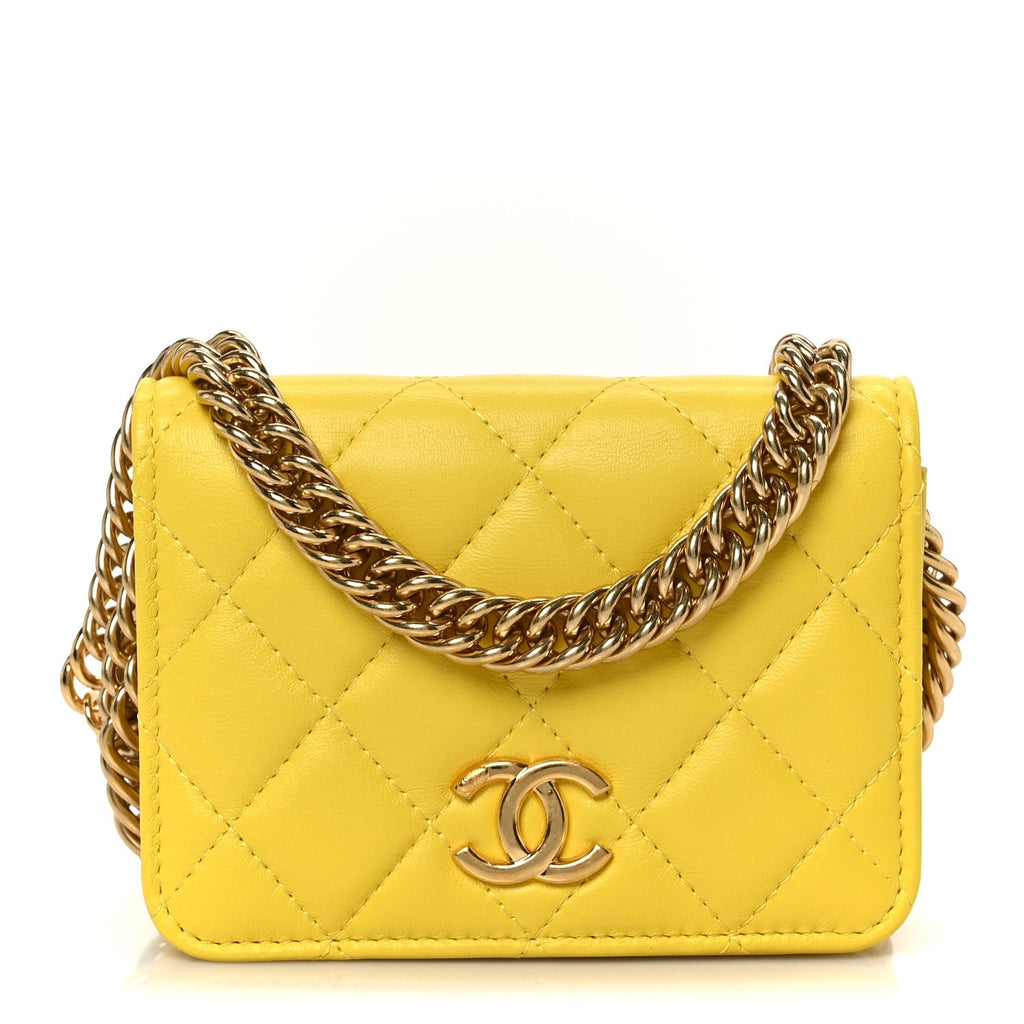 Lambskin Quilted Enamel Logo Flap Card Holder On Chain Yellow