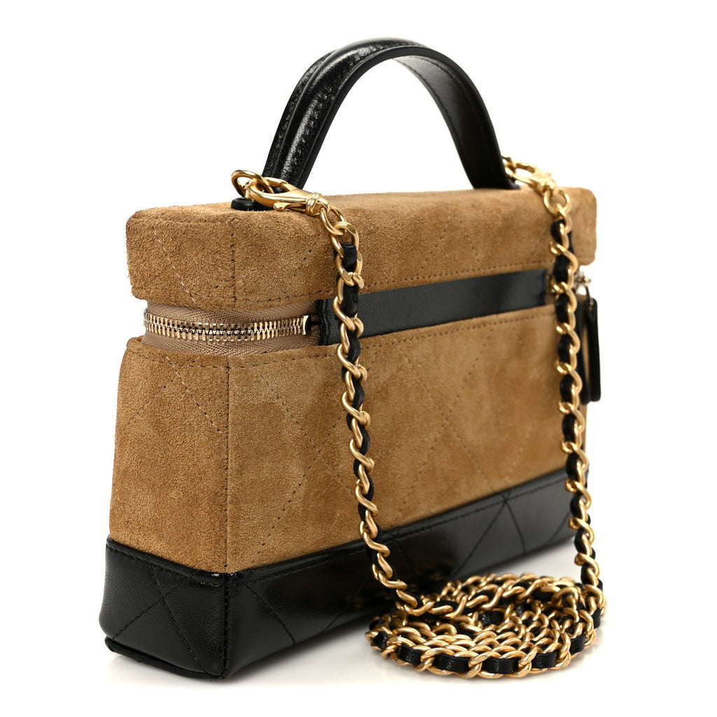 Suede Calfskin Shiny Lambskin Stitched Top Handle Slim Vanity With Chain Beige Black