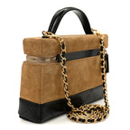 Suede Calfskin Shiny Lambskin Stitched Top Handle Slim Vanity With Chain Beige Black