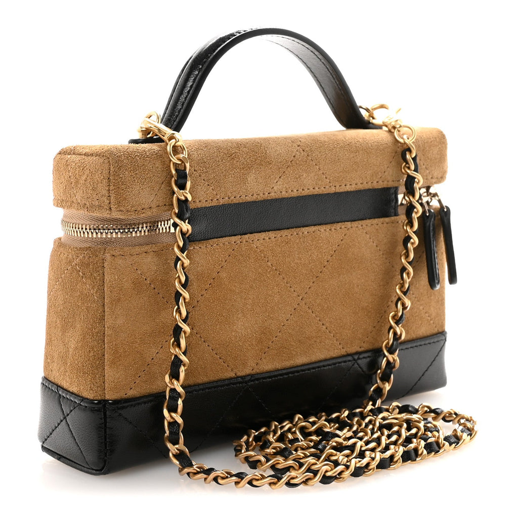 Suede Calfskin Shiny Lambskin Quilted Top Handle Slim Vanity Case With Chain Beige Black