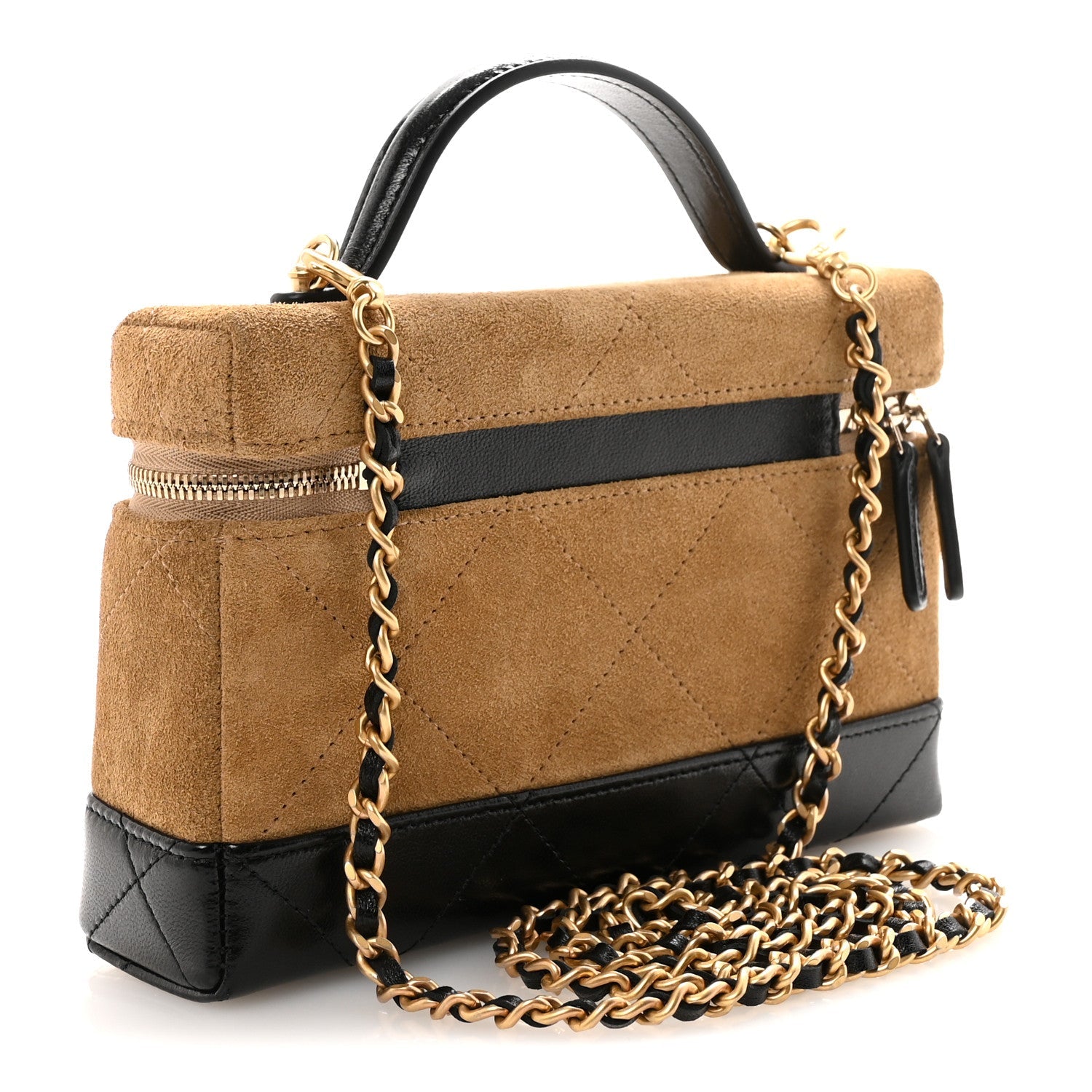 Suede Calfskin Shiny Lambskin Quilted Top Handle Slim Vanity Case With Chain Beige Black