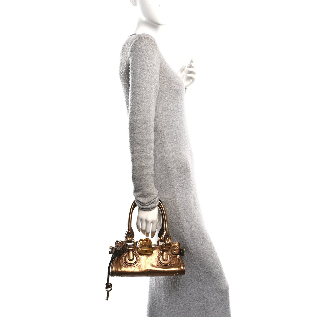 Metallic Calfskin Small Paddington Satchel Golden Brown