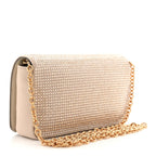 Satin Crystal Medusa Chain Clutch Beige