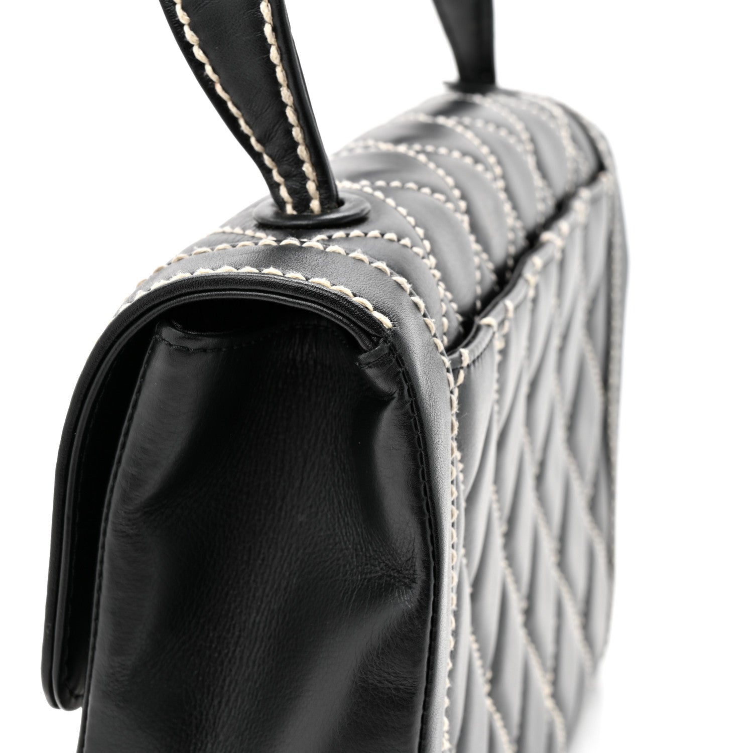 Calfskin Quilted Wild Stitch Large Top Handle Flap Black