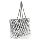 Metallic Crushed Calfskin Quilted Medium Crush Carry All Tote Bag Silver