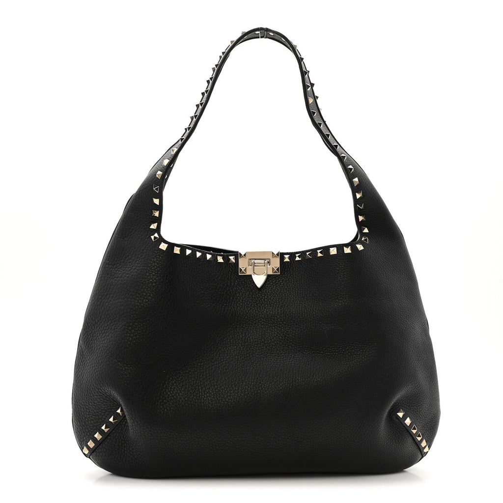 Grained Calfskin Large Rockstud Hobo Black
