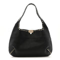 Grained Calfskin Large Rockstud Hobo Black