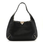 Grained Calfskin Large Rockstud Hobo Black