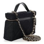 Denim Quilted Top Handle Slim Vanity Case With Chain Dark Blue