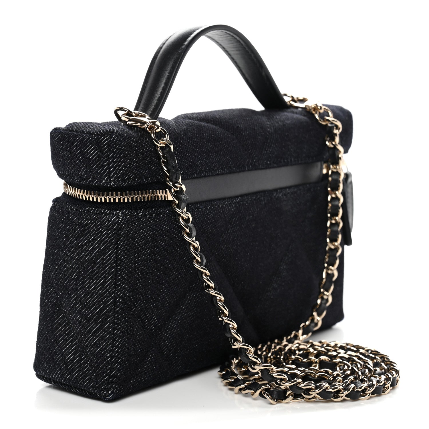 Denim Quilted Top Handle Slim Vanity Case With Chain Dark Blue