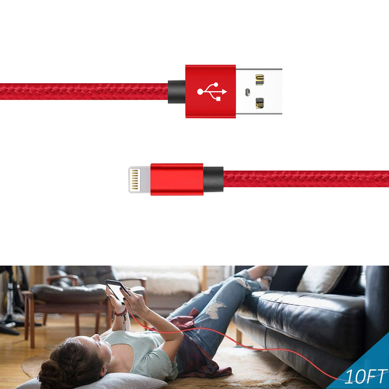1.7A 10Ft Usb Cable For Ios In Red