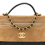 Suede Calfskin Shiny Lambskin Quilted Top Handle Slim Vanity Case With Chain Beige Black
